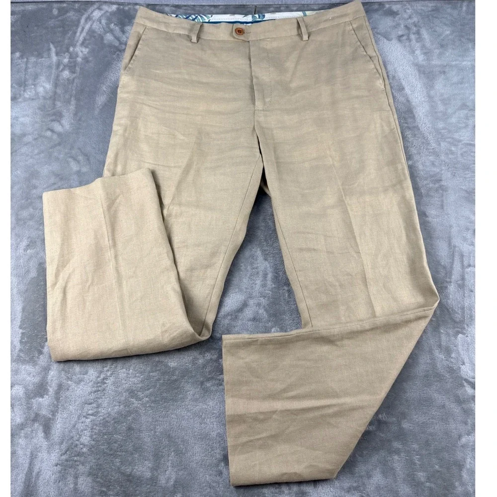 Tommy Bahama Linen Pants Mens 38x30 Herringbone Khaki Flat Front EUC